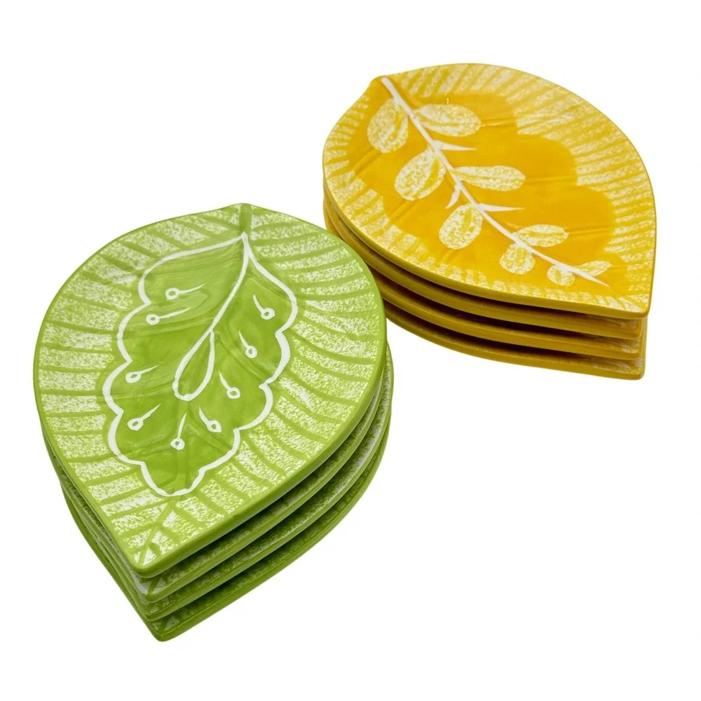 Plates Leaf Appetizer Ware Ceramic Green Yellow‎ Botanical Small Dishes 8 piece